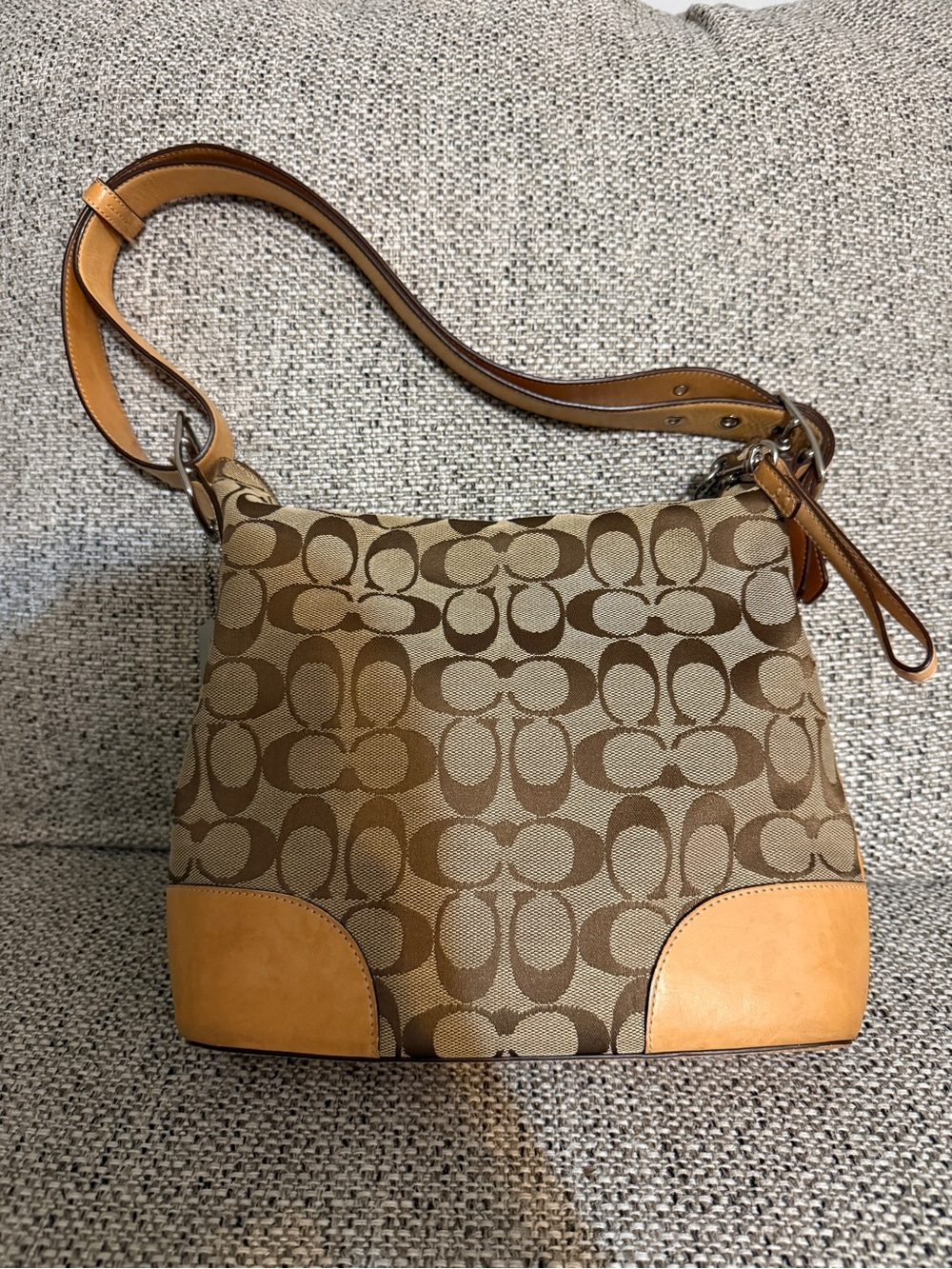 Coach Brown Signature Canvas Shoulder Bag with Tan Leather Trim